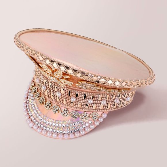 Pearl Flower Stone Cluster Embellished Sequin Glittered Captain Hat - Picture 2 of 3